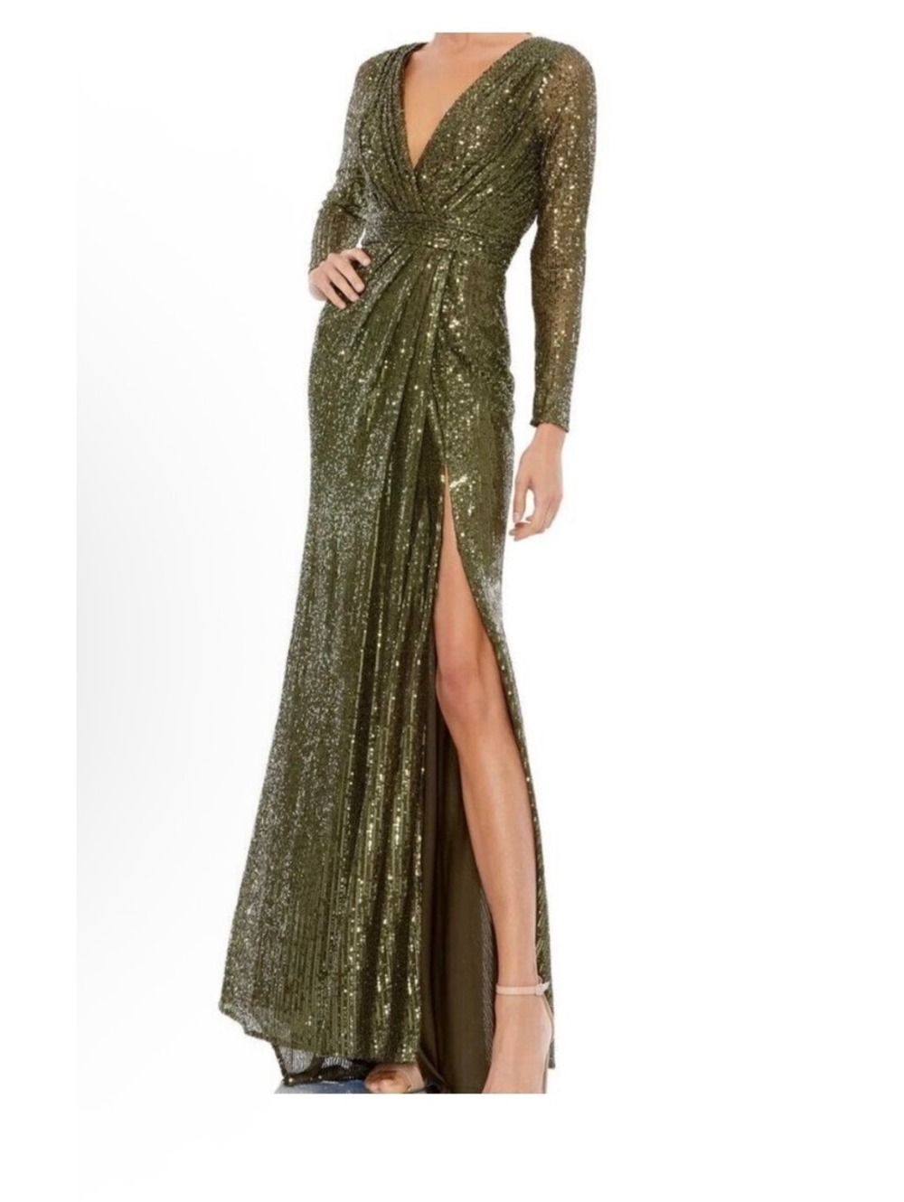 Ieena for Mac Duggal olive green long sleeve sequined dress gown ruched, slit,16